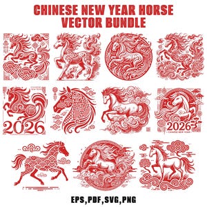Puede incluir: Colección de ilustraciones vectoriales rojas y blancas con caballos, nubes y elementos decorativos. El texto "CHINESE NEW YEAR HORSE VECTOR BUNDLE" está en la parte superior. Incluye el año "2026" e información de archivos: EPS, PDF, SVG, PNG.