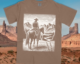 Cowboy Western 90s Vintage Style Tshirt Comfort colors® | Vintage Wild West Landscape Graphic Tee | Cowboy & Horse T-Shirt Gift