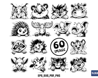 Peeking Animal SVG Bundle for T-Shirt & Sticker | 60 Cute Cartoon Animal Cut Files PNG Sticker Die Cut, Sublimation, Print Design