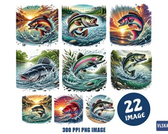 Paquete de imágenes prediseñadas de peces saltando / Escena de pesca en ríos y lagos / Lubina, trucha, lucio / Camiseta, pegatina, arte mural, sublimación