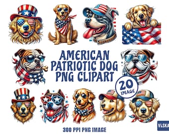 Paquete de imágenes prediseñadas de perros patrióticos estadounidenses / Perros con la bandera de EE. UU. del 4 de julio para camisetas, calcomanías, sublimación e impresión / Golden Retriever, Pitbull