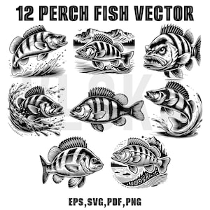 以下が含まれることがあります： パーチの魚をモチーフにした白黒のベクターイラスト12点セット。それぞれの魚は異なるポーズで描かれており、水の中を泳いでいるものもいれば、水から飛び出しているものもいます。イラストはヴィンテージスタイルで、Tシャツのデザイン、ロゴ、ウェブサイトのグラフィックなど、さまざまなプロジェクトに最適です。