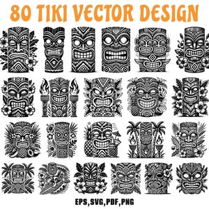 Tiki Mask Tiki Sculpture SVG Bundle | 80 Tribal Vector Files for Wall Art, Print & Cut