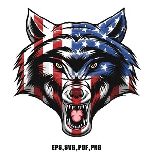 May include: A snarling wolf's head with the American flag design. The wolf's fur is black and gray, and the flag is red, white, and blue.