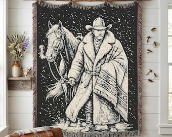 Winter Cowboy Woven Blanket - Vintage Western Decor, Rustic Cabin Throw, Woodcut Style Horse Tapestry, Mens Gift, Ranch Home Art