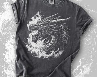 Camiseta vintage de fantasía de dragón, camiseta retro de dragón con colores cómodos, camiseta con gráfico de rayo de fantasía gótica, camiseta retro vintage de criatura mítica