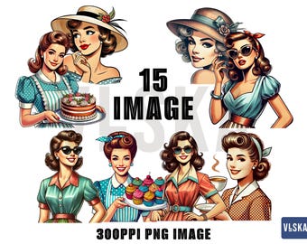Vintage Retro Women PNG Bundle | Retro Girls Clipart | Retro Women Character | Retro Housewives | Vintage Vector | Retro Character