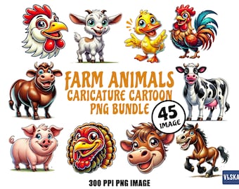 Funny Farm Animal PNG Bundle – 45 Cute Caricature Clipart for T-Shirt Design, Sublimation, Laser Cut, and Print Projects