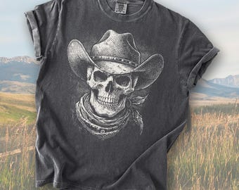 Wild West Cowboy Skull Shirt Comfort Colors | Retro Cowboy Shirt | Vintage Western Graphic Tee | Dark Gothic Cowboy T-Shirt Rodeo Gift