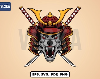 Samurai Wolf Vector Drawing SVG, Samurai head svg, Samurai head vector, Samurai eps, png, vector