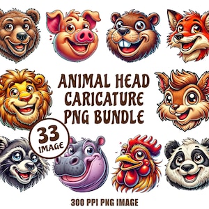 Animal Head Caricature Clipart Bundle PNG | Bear, Lion, Chicken, Dog, Panda Cartoon | 300 DPI for T-Shirts, Stickers, Wall Art & Crafts