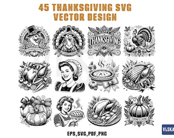 45 Thanksgiving SVG Bundle | Vintage Turkey, Pumpkin, Pie | Engraving Clipart | Cricut & Silhouette Cut Files | Autumn Fall Decoration