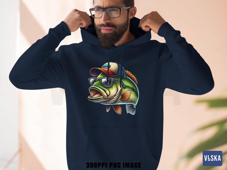 May include: Navy blue hoodie featuring a cartoon bass wearing sunglasses and a baseball cap. The fish is green, orange, and white. The hoodie has a drawstring hood and a front pocket.
