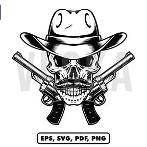 May include: Black and white illustration of a skull wearing a cowboy hat and holding two pistols crossed in front of it.