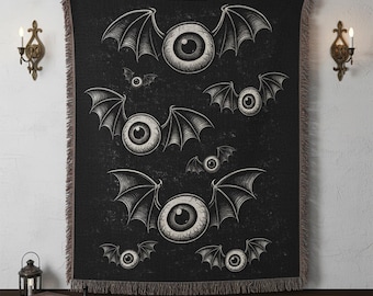 Gothic Flying Eyeballs Woven Blanket, Gothic Woven Blanket, Spooky Cottagecore Tapestry, Halloween Decor Throw, Horror Blanket