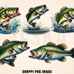 May include: Digital illustrations of largemouth bass in various poses, including jumping out of water and swimming. The fish are depicted in shades of green, with open mouths and detailed fins. Water splashes and ripples are also shown.