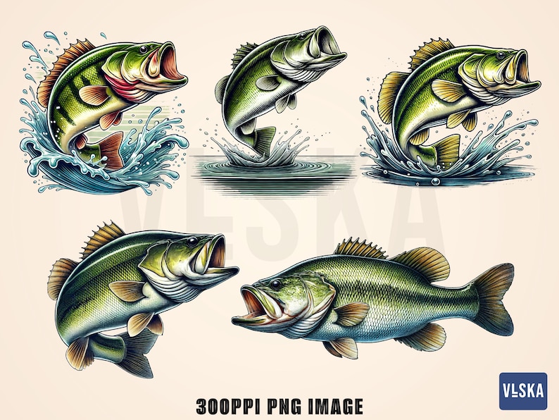 May include: Digital illustrations of largemouth bass in various poses, including jumping out of water and swimming. The fish are depicted in shades of green, with open mouths and detailed fins. Water splashes and ripples are also shown.