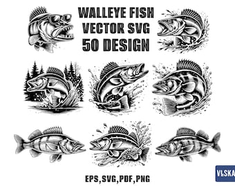 Paquete SVG de vectores de pesca de lucioperca / Pesca de lucioperca SVG / Pesca SVG / Pez saltador Svg / Vector de pesca / Pez lucioperca Svg / Vector de lubina