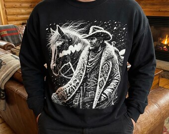 Vintage Western Winter Sweatshirt, Cowboy in Snow Graphic Hoodie, Retro Horse & Rancher Pullover, Dark Americana Aesthetic Gift