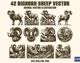 Paquete de 42 vectores SVG de borrego cimarrón: imágenes prediseñadas SVG de animales de montaña retro para impresión de camisetas, decoración de vida silvestre, insignias, pegatinas y más