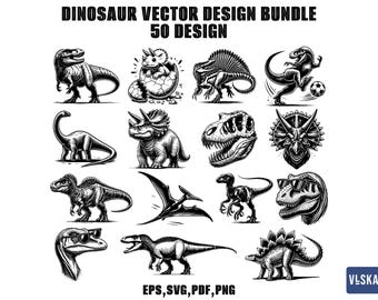 Könnte beinhalten: Ein Set mit 50 Schwarzweiß-Vektorillustrationen von Dinosauriern. Die Illustrationen umfassen eine Vielzahl von Dinosauriern, darunter ein T-Rex, ein Triceratops, ein Stegosaurus und ein Pterodactylus. Die Illustrationen sind perfekt für den Einsatz in einer Vielzahl von Projekten, wie z. B. Websites, Logos und T-Shirts.