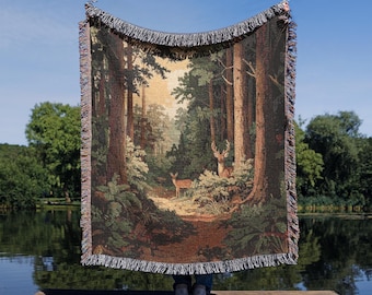 Manta tejida Bosque Encantado: Tapiz de naturaleza vintage, decoración rústica para cabaña, manta tejida de regalo, manta acogedora de bosque, regalo de naturaleza