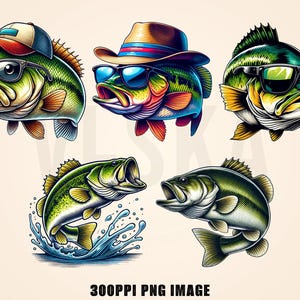 May include: A collection of five cartoon bass fish illustrations. Some fish wear sunglasses and hats, including a baseball cap and a fedora. One fish is jumping out of the water. The image includes the text "300PPI PNG IMAGE".