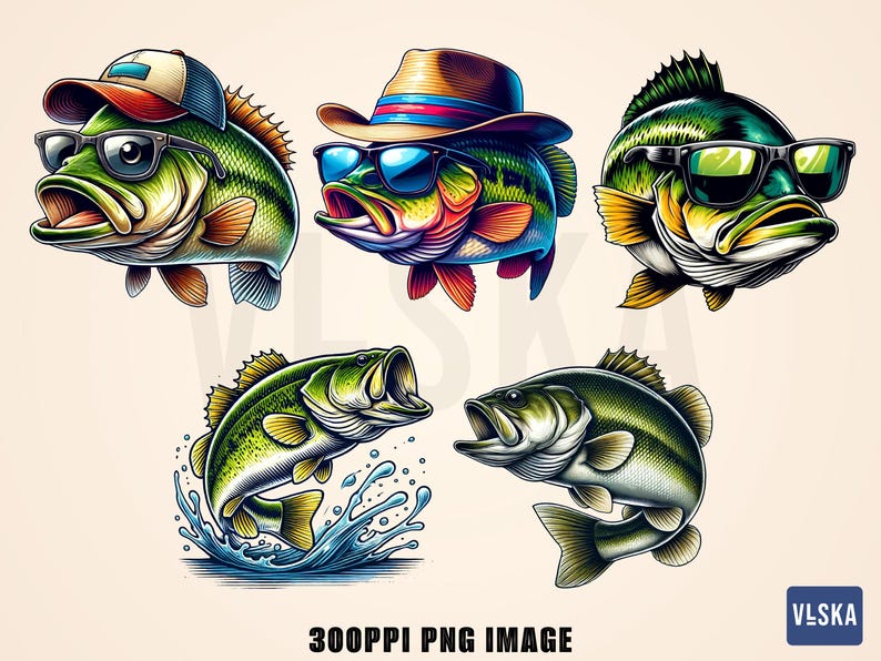 May include: A collection of five cartoon bass fish illustrations. Some fish wear sunglasses and hats, including a baseball cap and a fedora. One fish is jumping out of the water. The image includes the text "300PPI PNG IMAGE".
