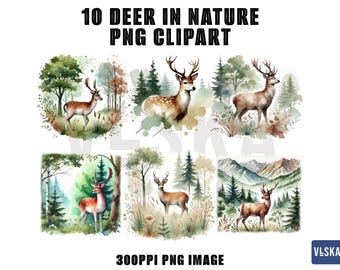 Pacchetto PNG acquerello di cervi nella foresta / Cervo PNG / Clipart stampabili / Download digitale / Alta risoluzione / Lavoretti di carta