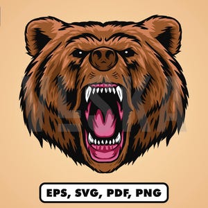 May include: A close-up of a brown bear's face with its mouth open in a roar. The bear has sharp teeth and a pink tongue. The background is a light brown color.