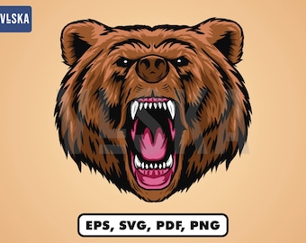 Mascota vectorial de cabeza de oso, vector de oso grizzly, archivo vectorial, descarga instantánea, diseño de pegatinas, imágenes prediseñadas, diseño de camisetas, arte en metal