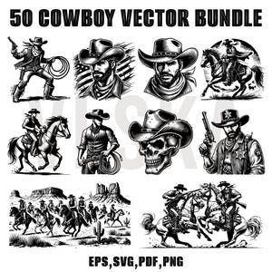 50 Cowboy Sheriff Vector SVG Bundle | Cowboy SVG | Wild west vector | Cowboy silhouette | Western cowboy | File Eps, Pdf, Svg, Png file