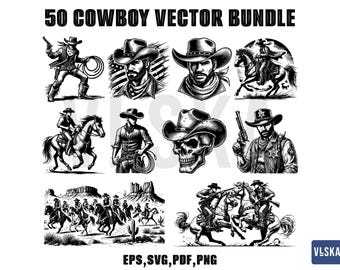 50 Cowboy Sheriff Vector SVG Bundle | Cowboy SVG | Wild west vector | Cowboy silhouette | Western cowboy | File Eps, Pdf, Svg, Png file