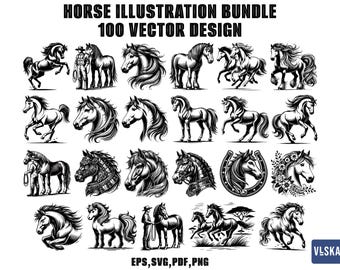 Paquete de 100 vectores SVG de caballos / Silueta de caballo / Caballo PNG / Fondo transparente perfecto para Cricut, calcomanías e impresión láser