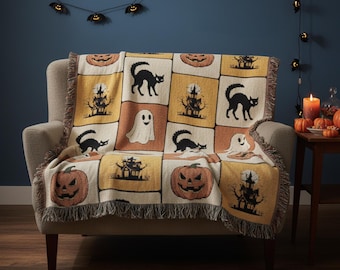 Halloween Woven Blanket, Spooky Woven Throw Blanket, Halloween Decor, Vintage Halloween Tapestry, Cozy Fall Gift, Halloween Surprise Present