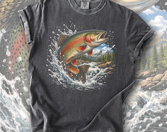 Camiseta vintage de trucha arcoíris, camiseta retro de pesca con mosca, regalo para amantes de la naturaleza, camiseta gráfica Comfort Colors, ropa para amantes de la naturaleza, camiseta de pescador