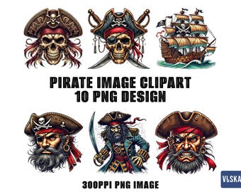 Paquete de ilustraciones PNG de piratas / Barco pirata Png / Capitán Piratas Calavera Marina Grunge Vintage Clipart Archivo digital / Camiseta pirata