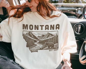 Comfort Colors® Vintage Montana Shirt | Retro State Outline Mountain & Bear Graphic Tee | Est 1889 Western Outdoor Gift