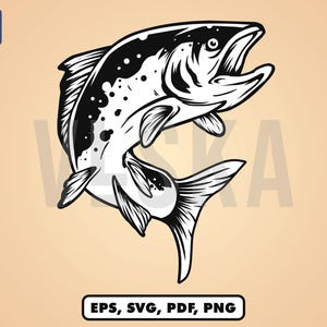 Salmon Fish SVG and PNG design, Jumping Salmon Fishing Clipart Silhouette Vector Image, Nature Fishing SVG shirt Design, Trout fish vector