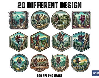 May include: A collection of 20 different designs featuring hikers and climbers in various outdoor settings. Each design is a circular, square, or hexagonal badge with a detailed illustration of a person with a backpack, hiking or climbing in a mountain landscape. The text "20 DIFFERENT DESIGN" is at the top.