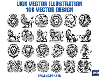 Lion SVG Vector Bundle, Lion PNG, Lion Clipart, Lion Vector, Lion Silhouette | For Cricut, Sticker, and Laser Printing