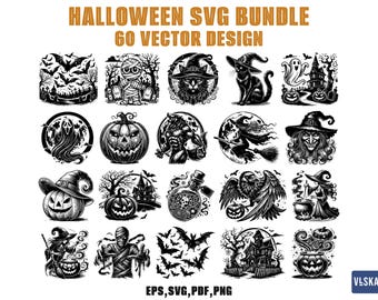 Puede incluir: Un paquete SVG de Halloween en blanco y negro con 60 diseños vectoriales. Los diseños incluyen murciélagos, una momia, un gato negro, una bruja, un hombre lobo, una calabaza, una casa embrujada y una botella de poción. El texto "HALLOWEEN SVG BUNDLE 60 VECTOR DESIGN" está en la parte superior.
