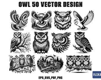 Pakiet SVG Vector Sowa, Sylwetka Sowy, Pliki SVG Sowy dla Cricut, Sowa w lesie SVG, Clipart Wektorowy Sowy, Clipart Cyfrowy Zwierzęcy