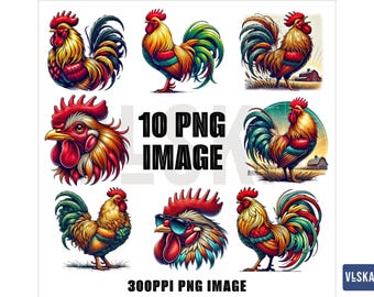 10 Chicken Rooster PNG Clipart Bundle | Rooster Sticker | Farm Animal Sublimation | Farmhouse Decor Png | Rooster drawing