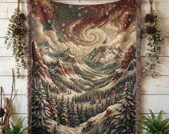 Snowy Mountain Woven Blanket, Winter Forest Tapestry Throw, Starry Night Style Pine Tree Art, Rustic Cabin Decor, Nature Lover Gift