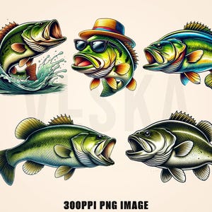 May include: A collection of five cartoon-style fish illustrations. One fish is jumping out of water, while another wears sunglasses and a hat. The fish are in shades of green, blue, and yellow, with open mouths. The text "300PPI PNG IMAGE" is at the bottom.