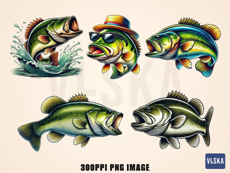 May include: A collection of five cartoon-style fish illustrations. One fish is jumping out of water, while another wears sunglasses and a hat. The fish are in shades of green, blue, and yellow, with open mouths. The text "300PPI PNG IMAGE" is at the bottom.
