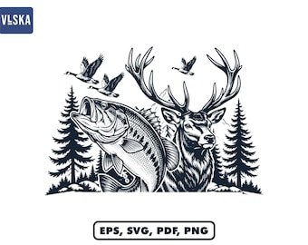 Hunting Fishing SVG, Deer Buck Bass Fish PNG, Outdoor Nature Scene Cut File, Wildlife Silhouette Vector, Father's Day Shirt Design Print