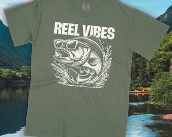 Retro Bass Fishing Shirt Comfort Colors | Reel Vibes Cool Fisherman T-Shirt | Vintage Fishing Shirt | Cool Outdoors Tee for Fisherman Gift