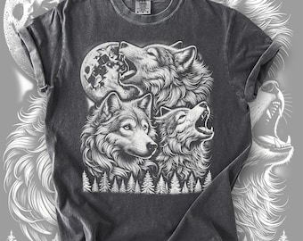 Vintage Wolves Shirt Comfort Colors® | Howling Wolf Moon Graphic Tee | Grunge Retro Wolf Faded Tee, Wild Nature Wolf Howling Moon Y2k Gothic